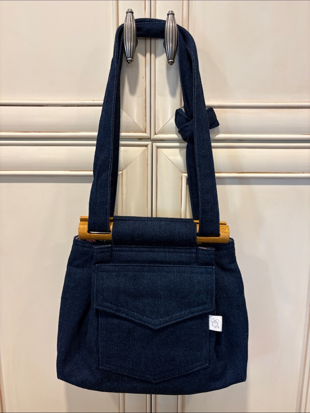 Dark Blue Denim Crossbody Bag with Wooden Accent